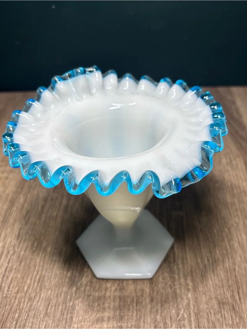 1940s No. 36  by Fenton AQUA CREST  5” H Double Crimp JIP Vase